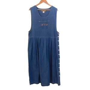 Vintage‎ Bryn Connelly Midi Dress 14 Blue Denim 90s Teacher Modest Embroidery